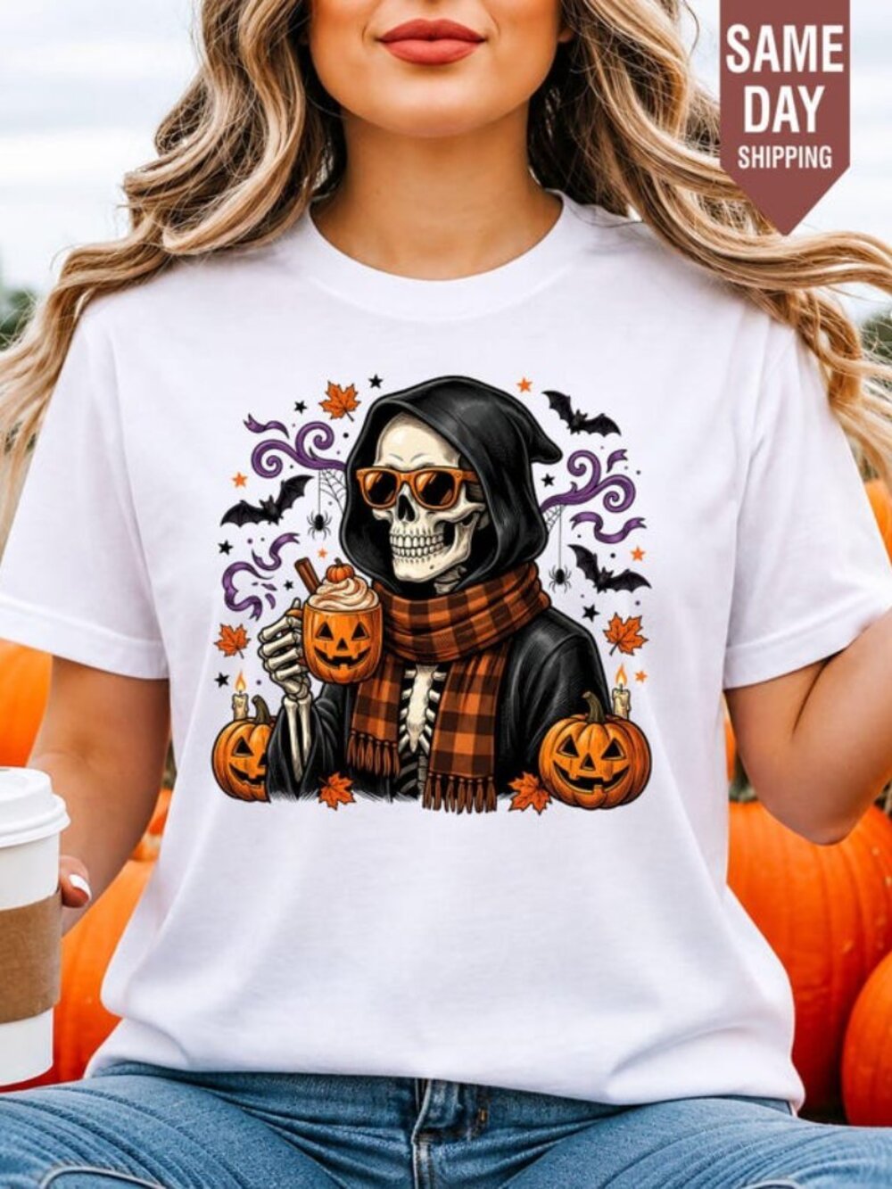 Skeleton Latte Shirt, Grim Reaper Coffee Tee, Spooky Pumpkin Spice Top